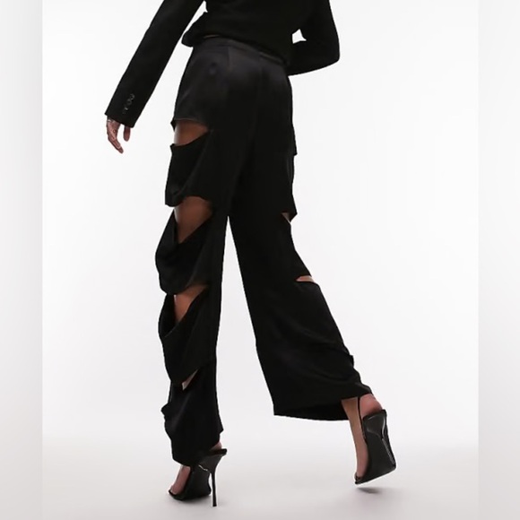 New Topshop Slash Wide Leg Cutout Satin Pants In Black Limited Edition Sz 6 - Picture 4 of 14